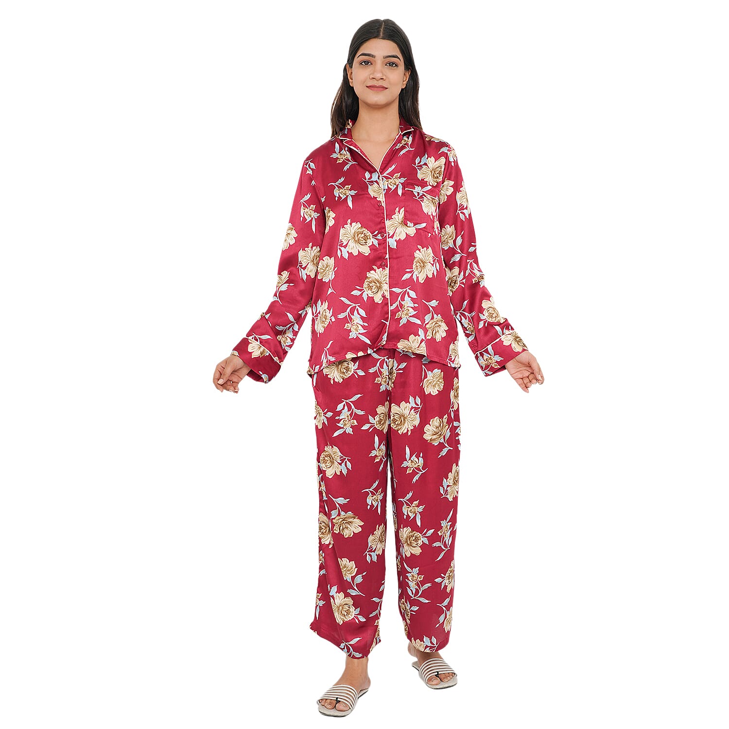 TAMSY Floral Pattern Nightwear Set (Size M) - Maroon