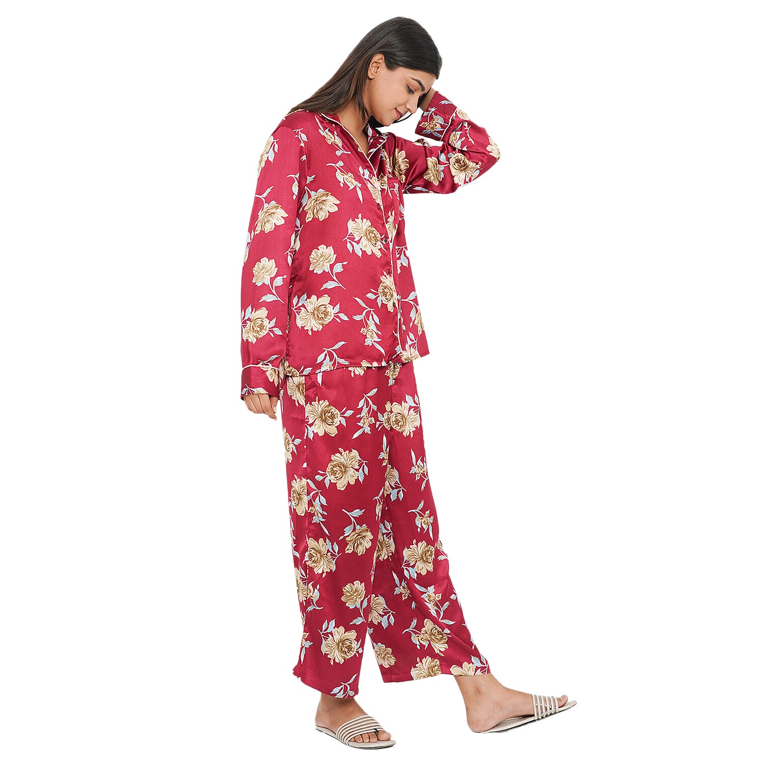 TAMSY Floral Pattern Nightwear Set (Size M) - Maroon