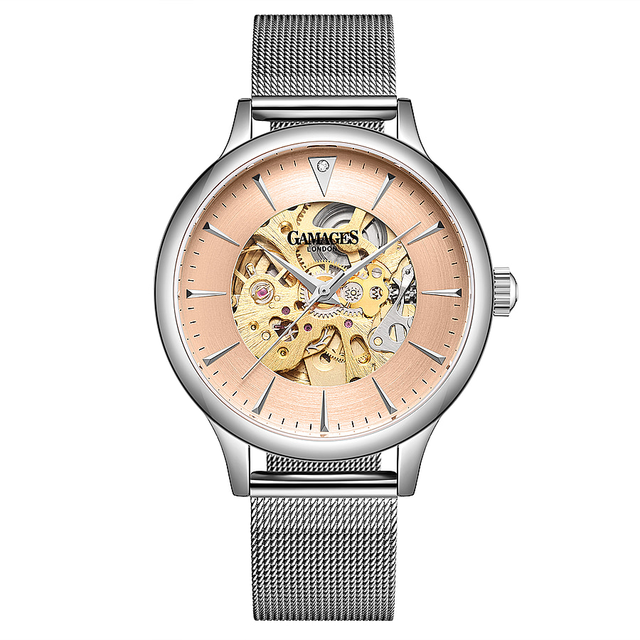 GAMAGES OF LONDON Automatic Movement Ladies Diamond Studded Skeleton Watch in Silver Tone