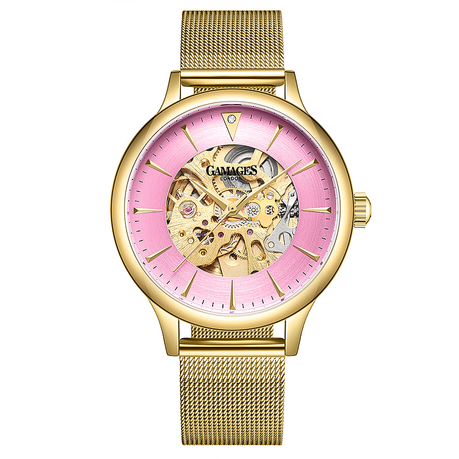 GAMAGES OF LONDON Automatic Movement Ladies Diamond Studded Skeleton Watch in Gold Tone