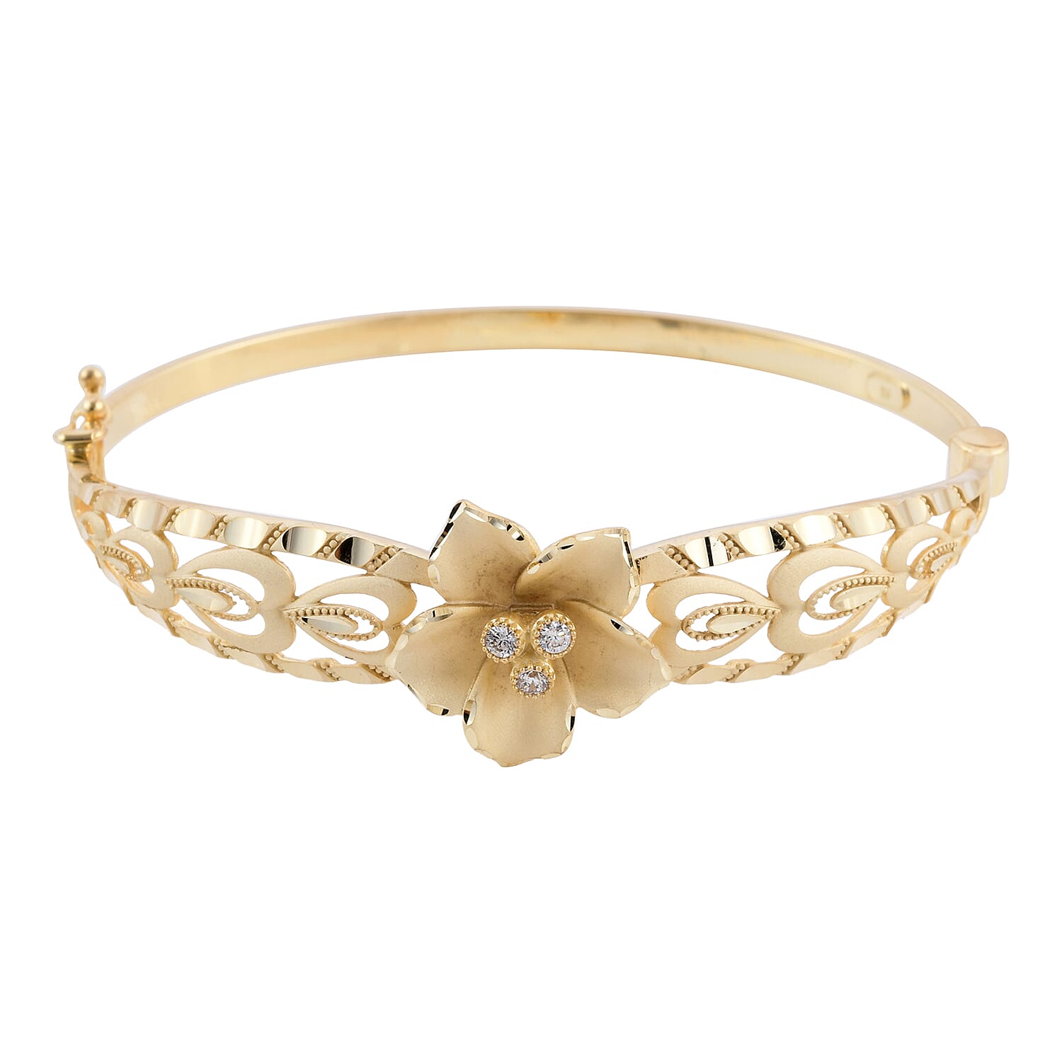 Close Out Deal - 9K Yellow Gold Natural Cambodian Zircon Diamond Cut Floral Bangle (Size 7) with Clasp, Gold Wt 7.60 Gms