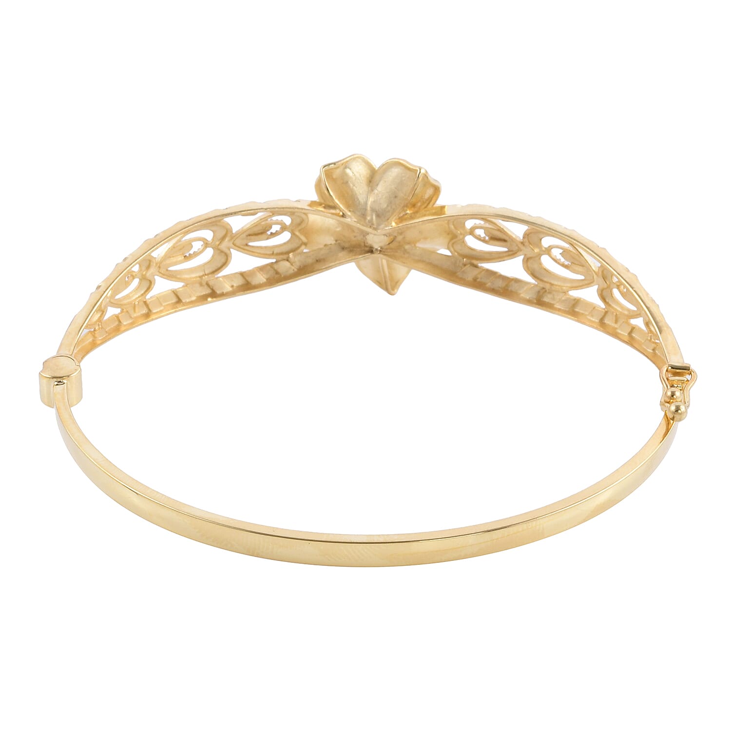 Close Out Deal - 9K Yellow Gold Natural Cambodian Zircon Diamond Cut Floral Bangle (Size 7) with Clasp, Gold Wt 7.60 Gms