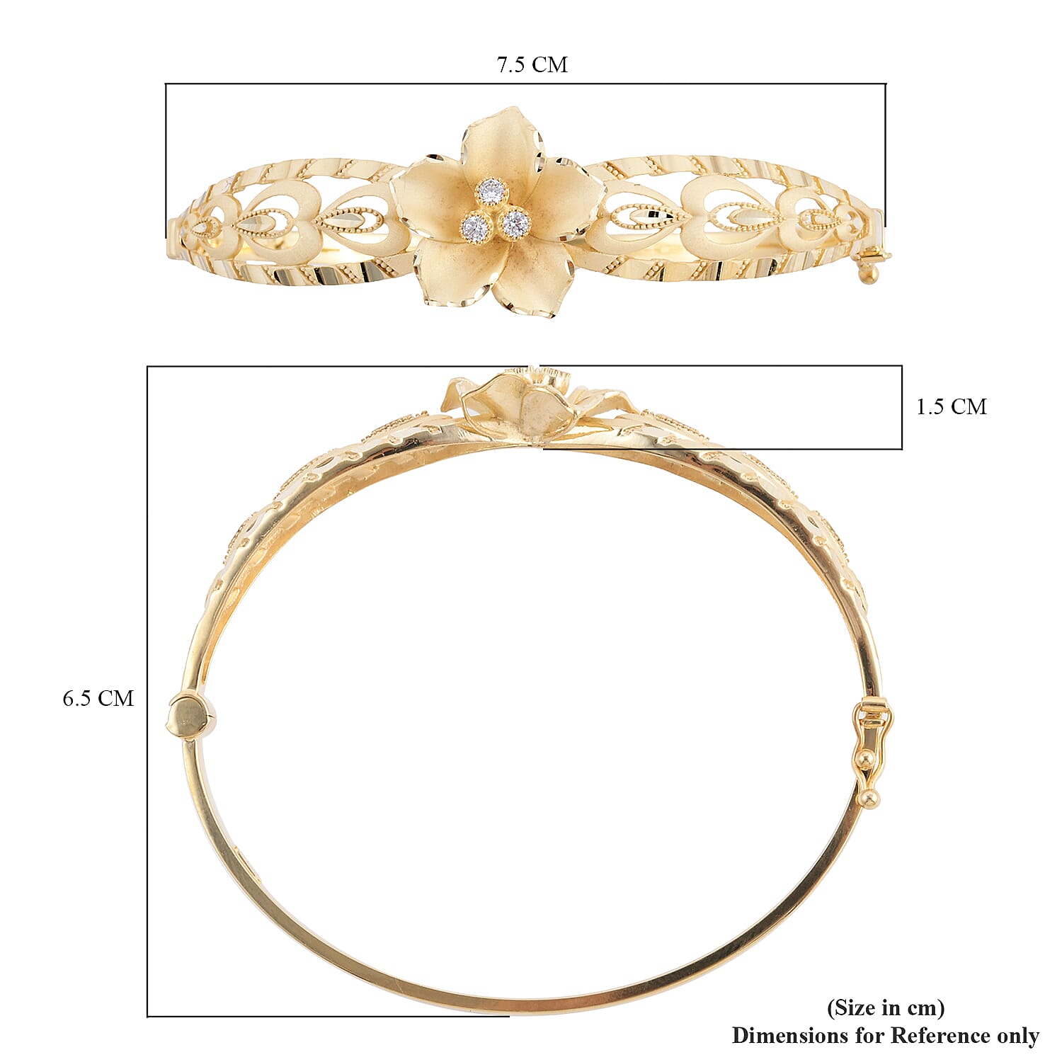 Close Out Deal - 9K Yellow Gold Natural Cambodian Zircon Diamond Cut Floral Bangle (Size 7) with Clasp, Gold Wt 7.60 Gms