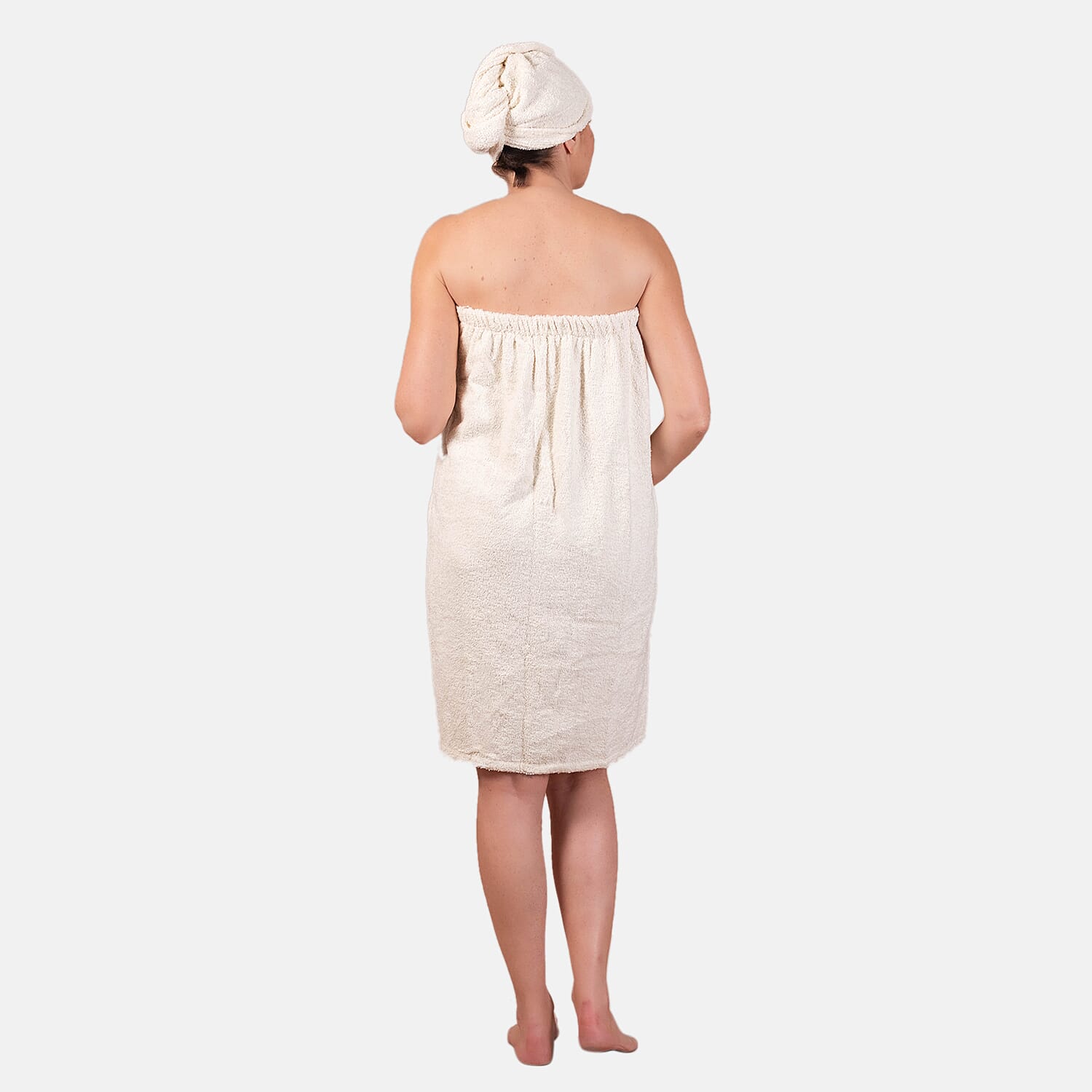 100% Cotton Womens Shower Body Wrap with Hair Cap - Beige