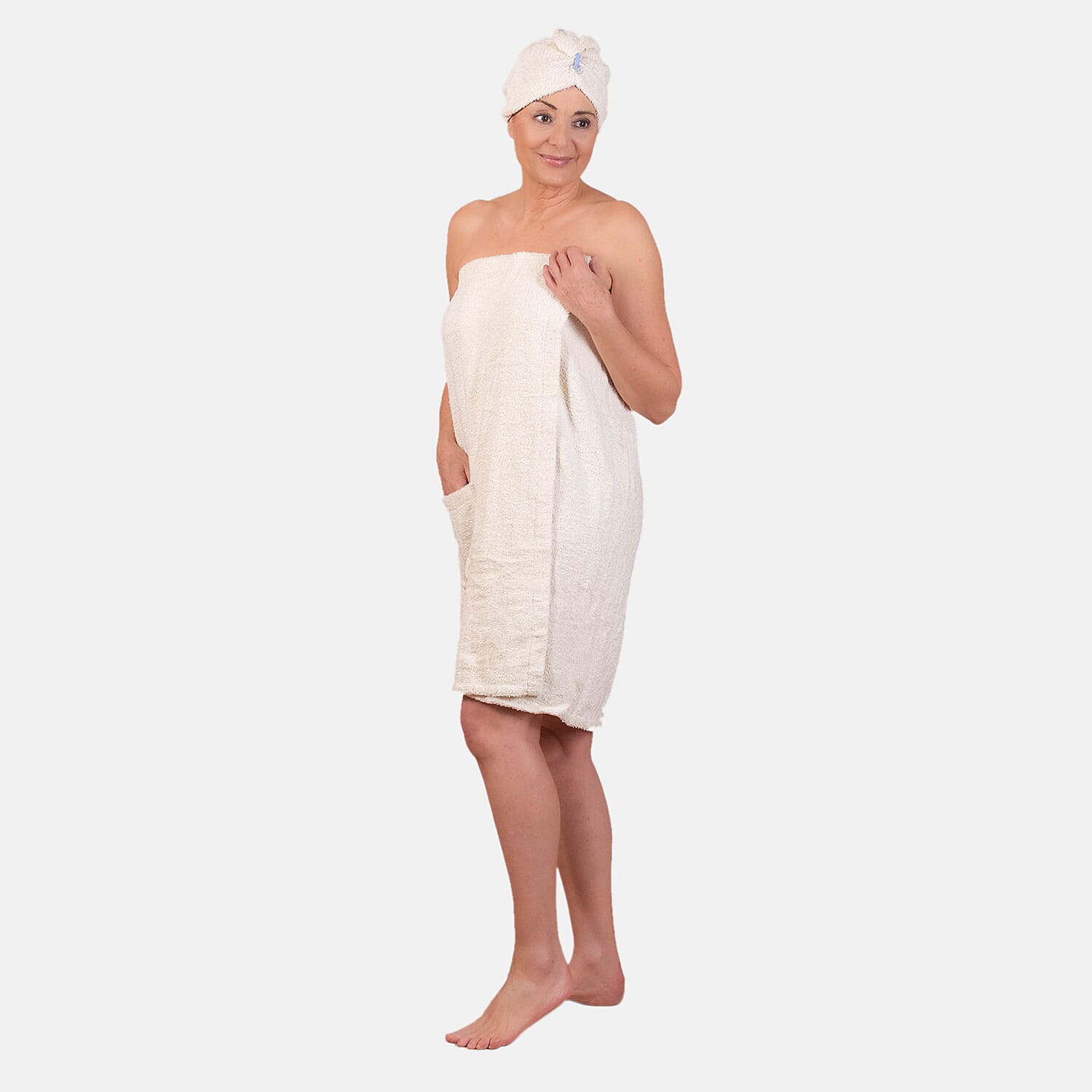 100% Cotton Womens Shower Body Wrap with Hair Cap - Beige