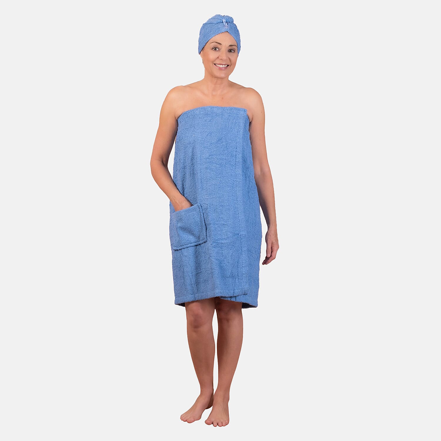 100% Cotton Womens Shower Body Wrap with Hair Cap - Blue