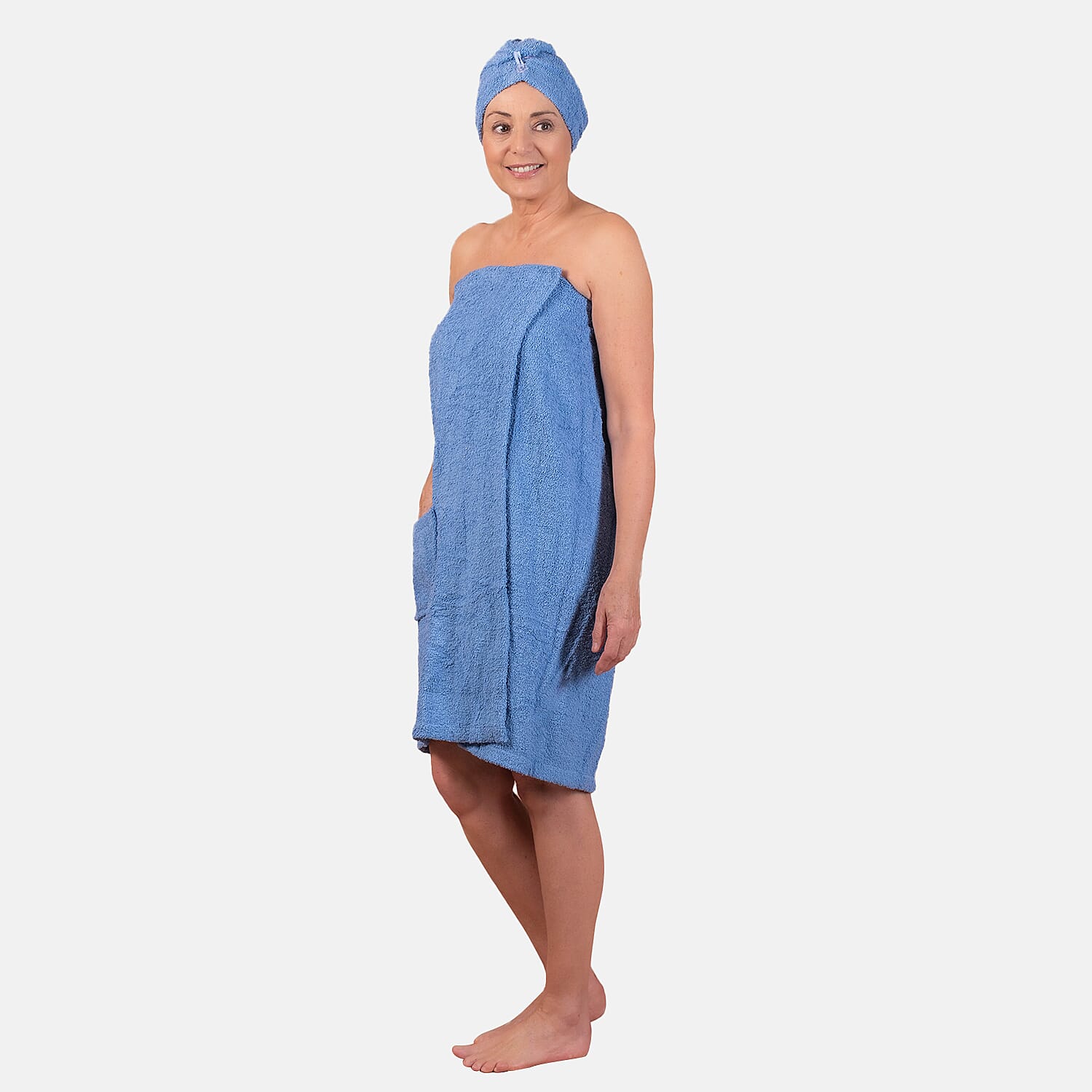 100% Cotton Womens Shower Body Wrap with Hair Cap - Blue