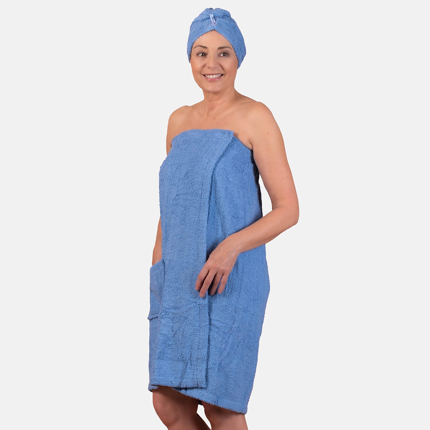 100% Cotton Womens Shower Body Wrap with Hair Cap - Blue