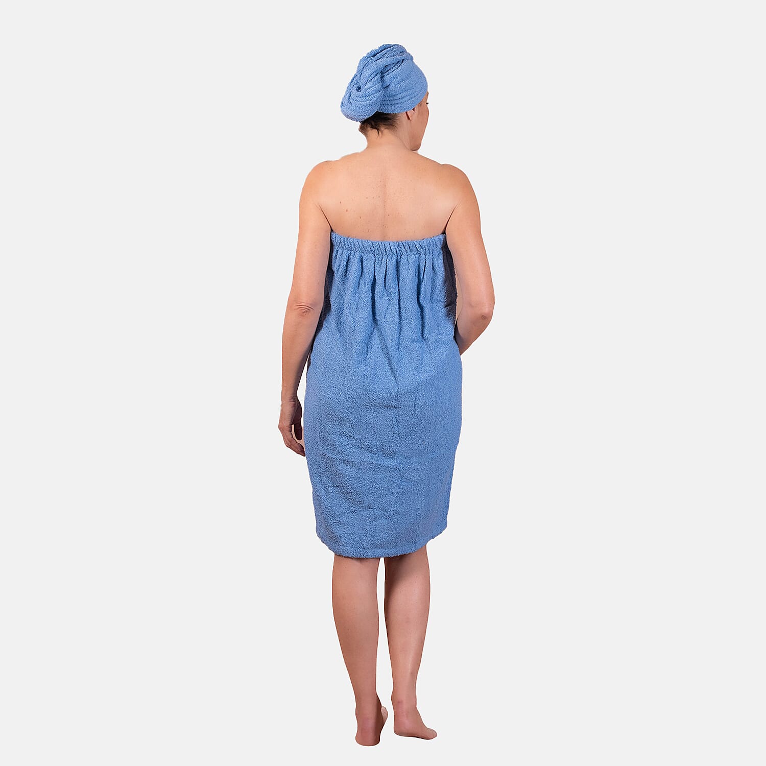 100% Cotton Womens Shower Body Wrap with Hair Cap - Blue
