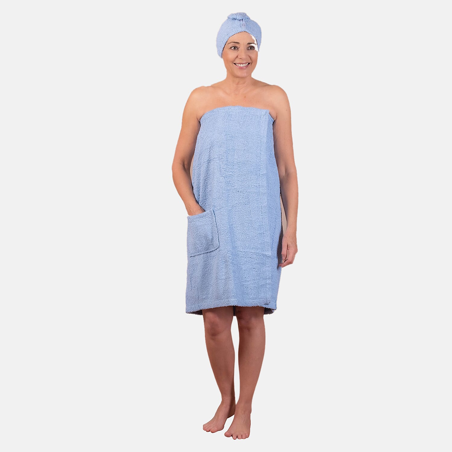 100% Cotton Womens Shower Body Wrap with Hair Cap - Blue