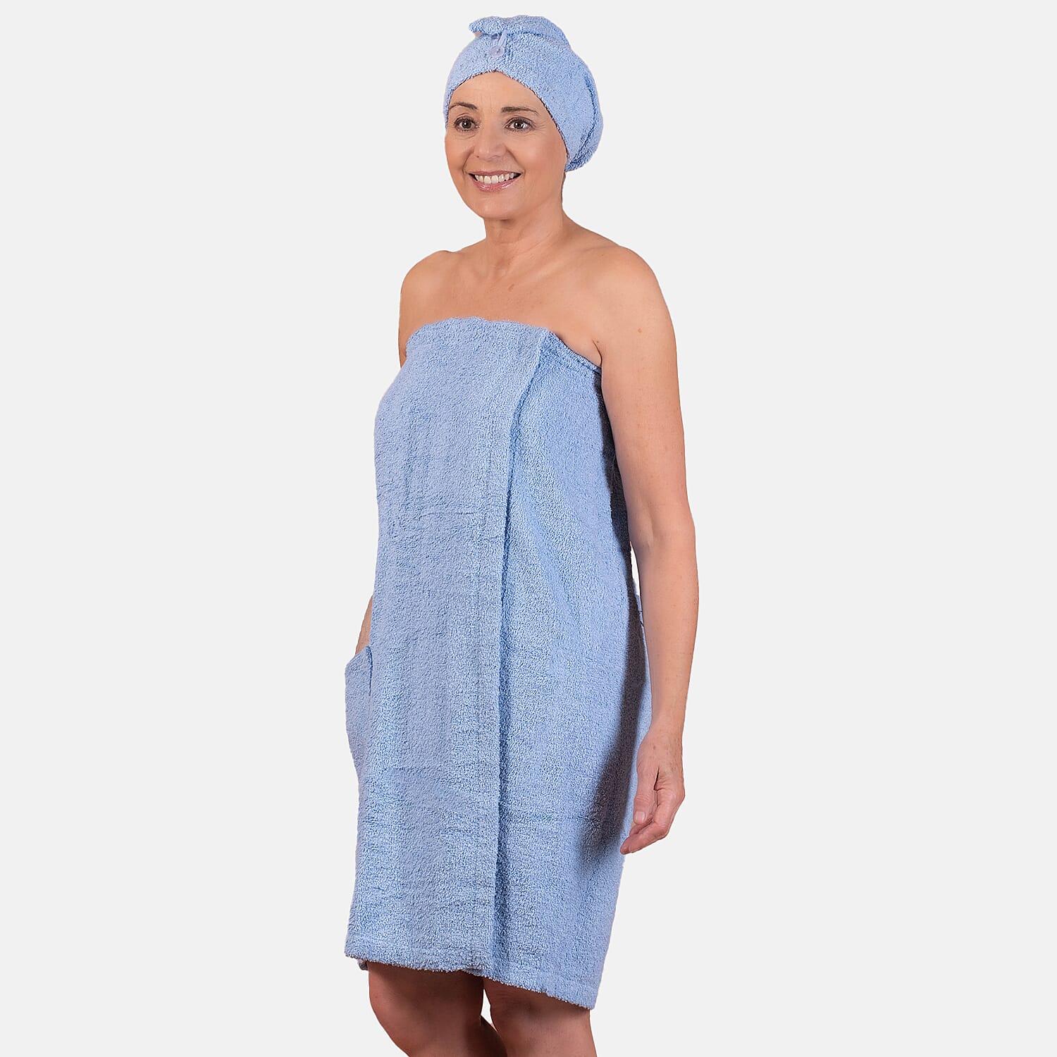 100% Cotton Womens Shower Body Wrap with Hair Cap - Blue