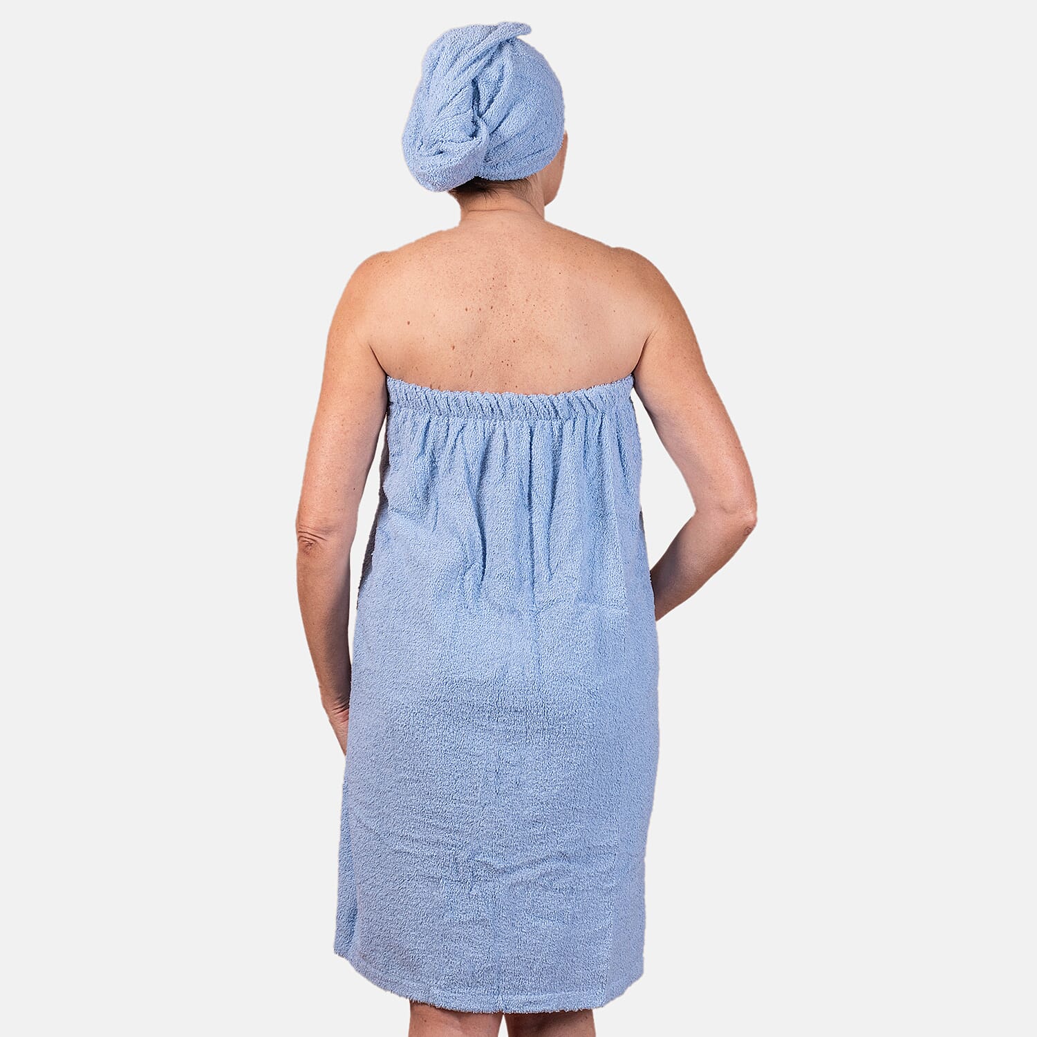 100% Cotton Womens Shower Body Wrap with Hair Cap - Blue