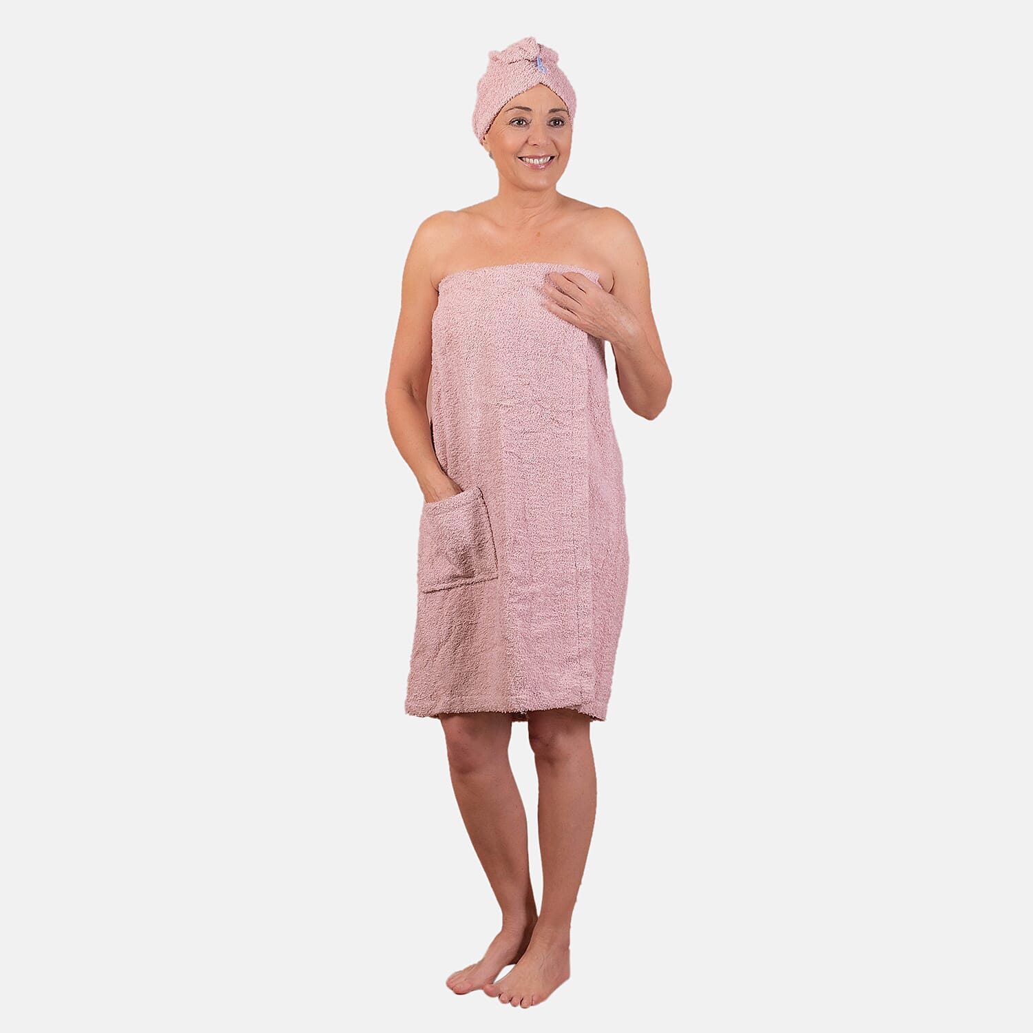 100% Cotton Womens Shower Body Wrap with Hair Cap (Size 138x78x1 cm) - Pink