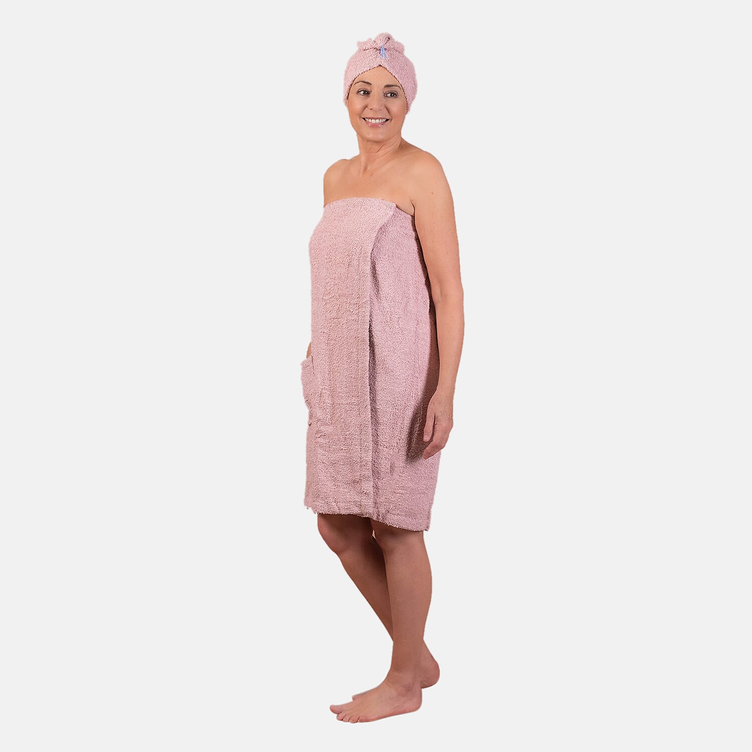 100% Cotton Womens Shower Body Wrap with Hair Cap (Size 138x78x1 cm) - Pink