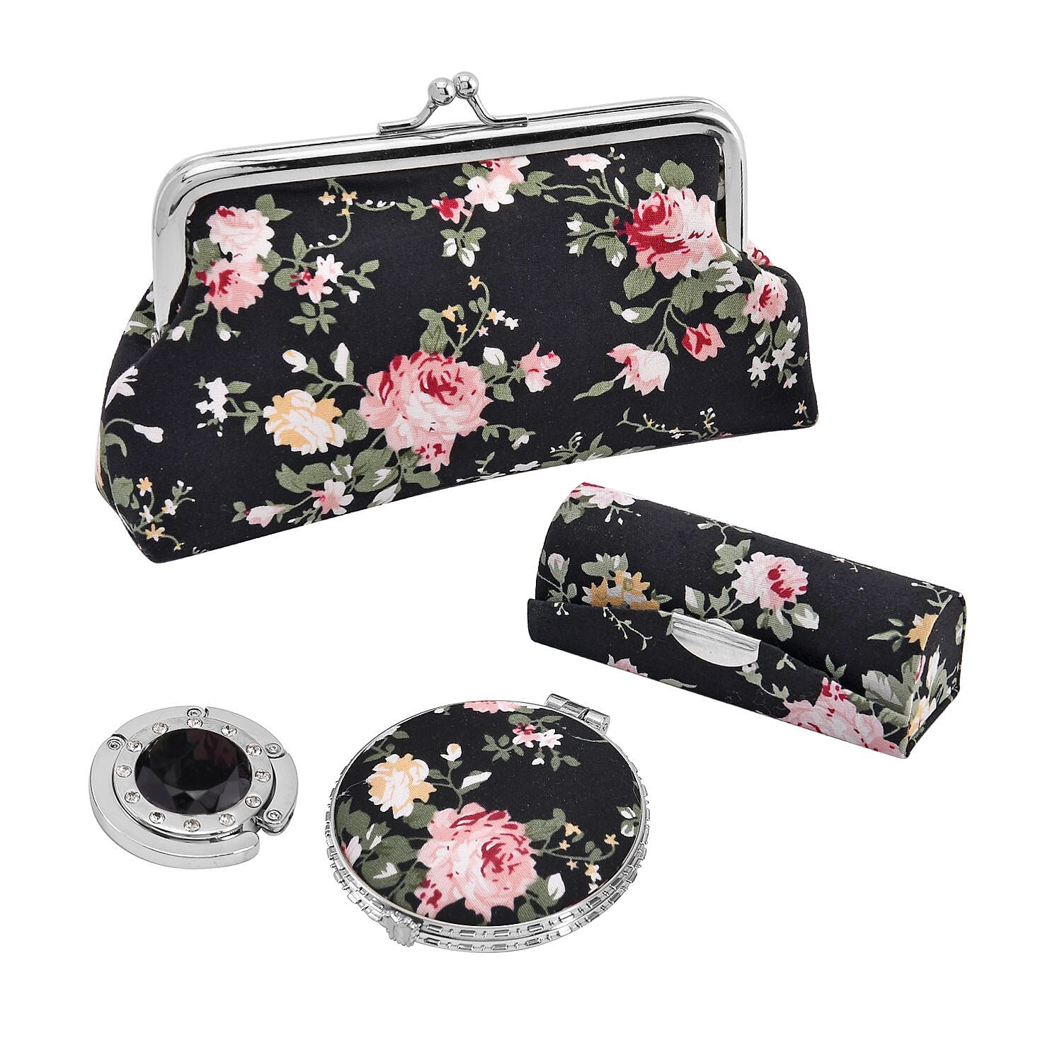 YUNYA CLOSE OUT 5pc Set - 1pc Compact Mirror + 1pc Lipstick Case + 1pc Coin Purse + 1pc Bag Holder + 1pc Pen - Black
