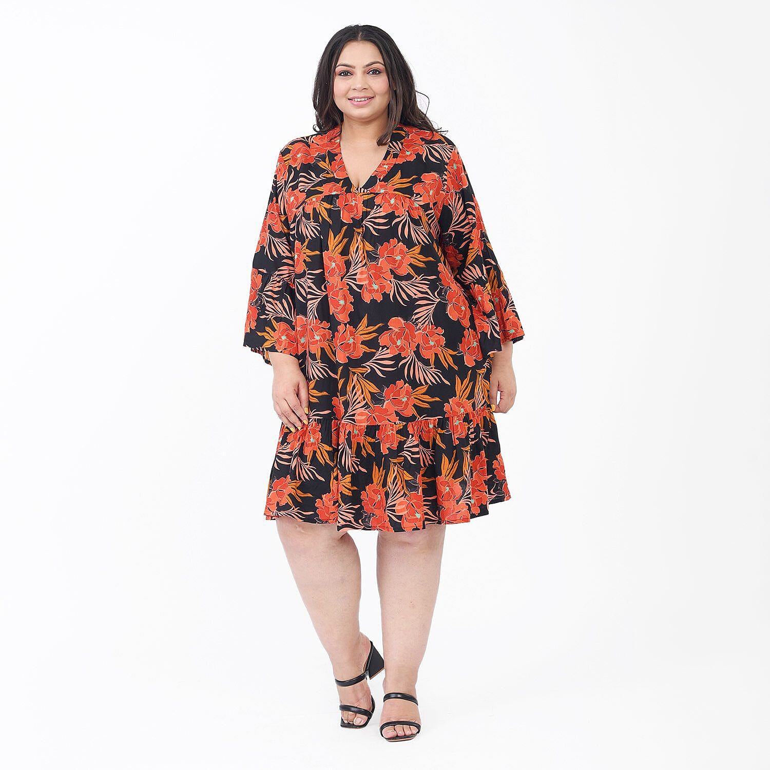 Tamsy 100% Viscose Floral Pattern Dress (Curve Size 20-26) - Black and Orange