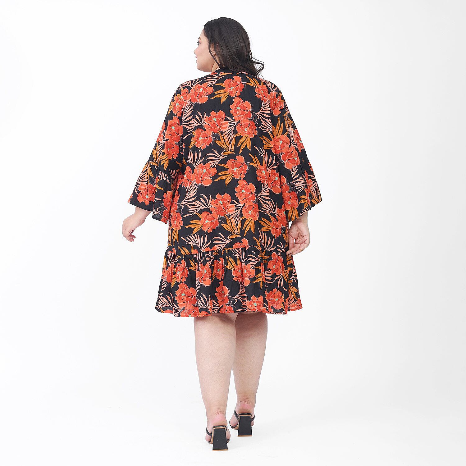 Tamsy 100% Viscose Floral Pattern Dress (Curve Size 20-26) - Black and Orange