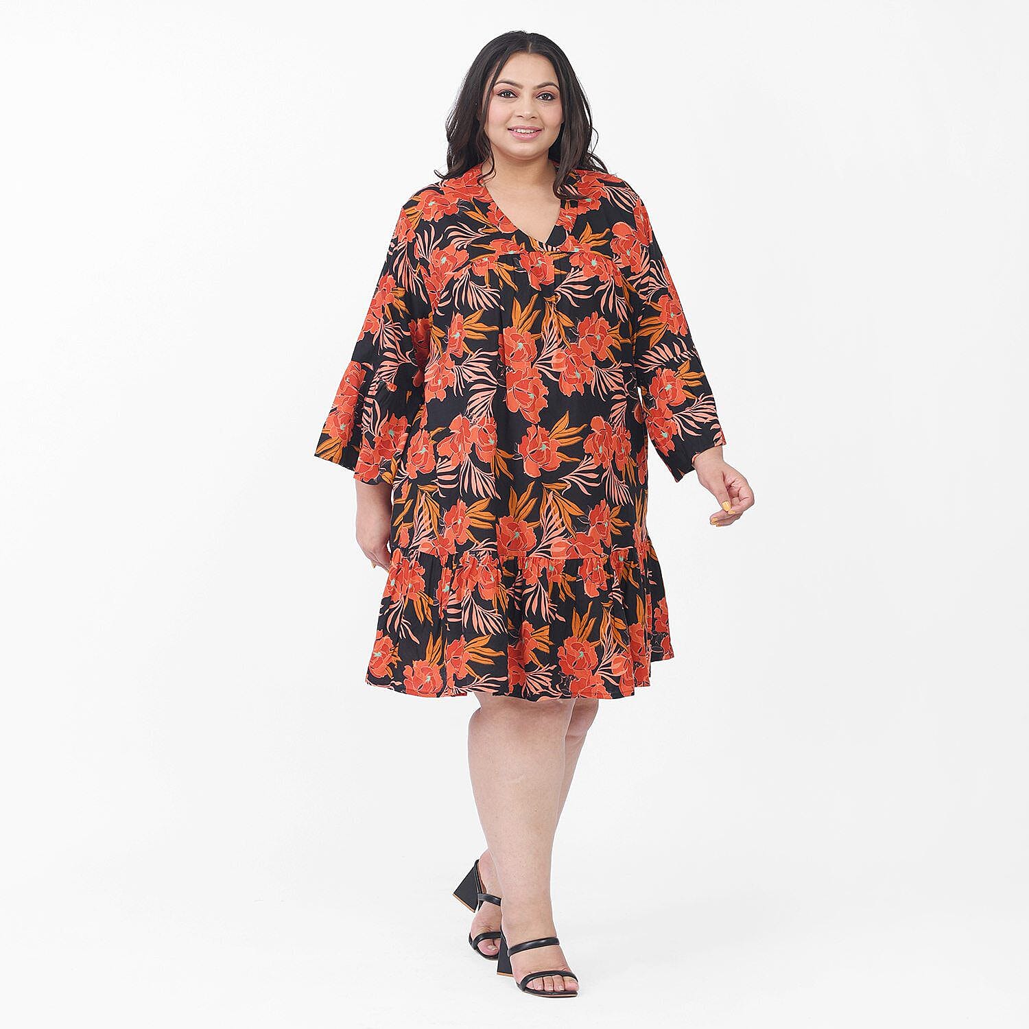 Tamsy 100% Viscose Floral Pattern Dress (Curve Size 20-26) - Black and Orange