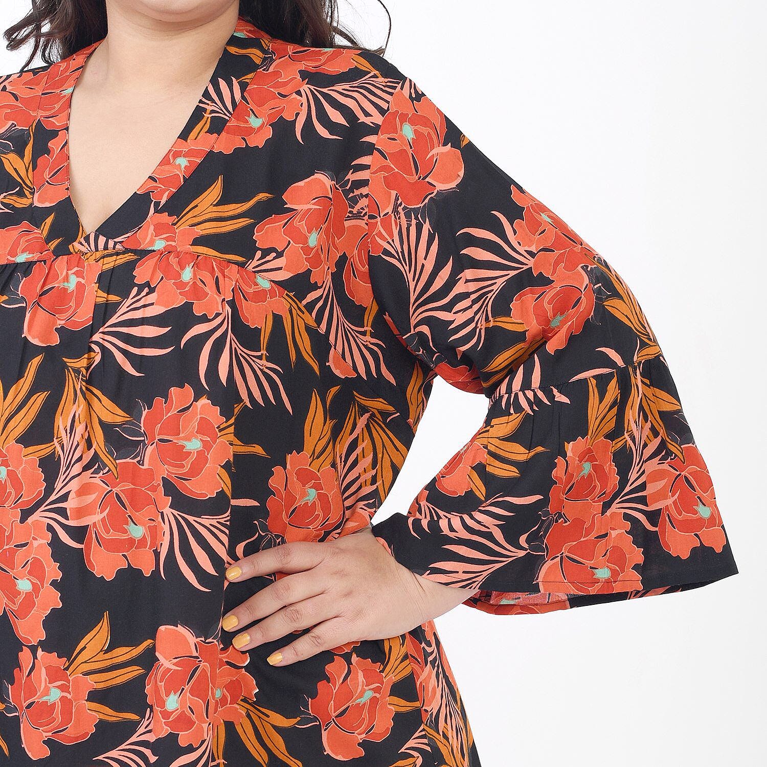 Tamsy 100% Viscose Floral Pattern Dress (Curve Size 20-26) - Black and Orange