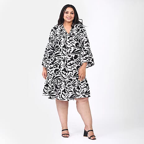 Tamsy 100% Viscose Abstract Pattern Dress (Curve Size 20-26) - Black and White