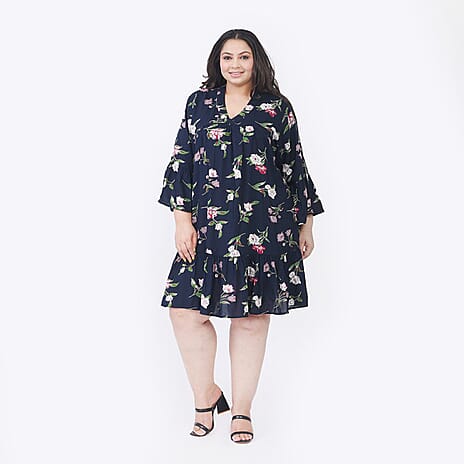 Tamsy 100% Viscose Floral Pattern Dress (Curve Size 20-26) - Navy Blue