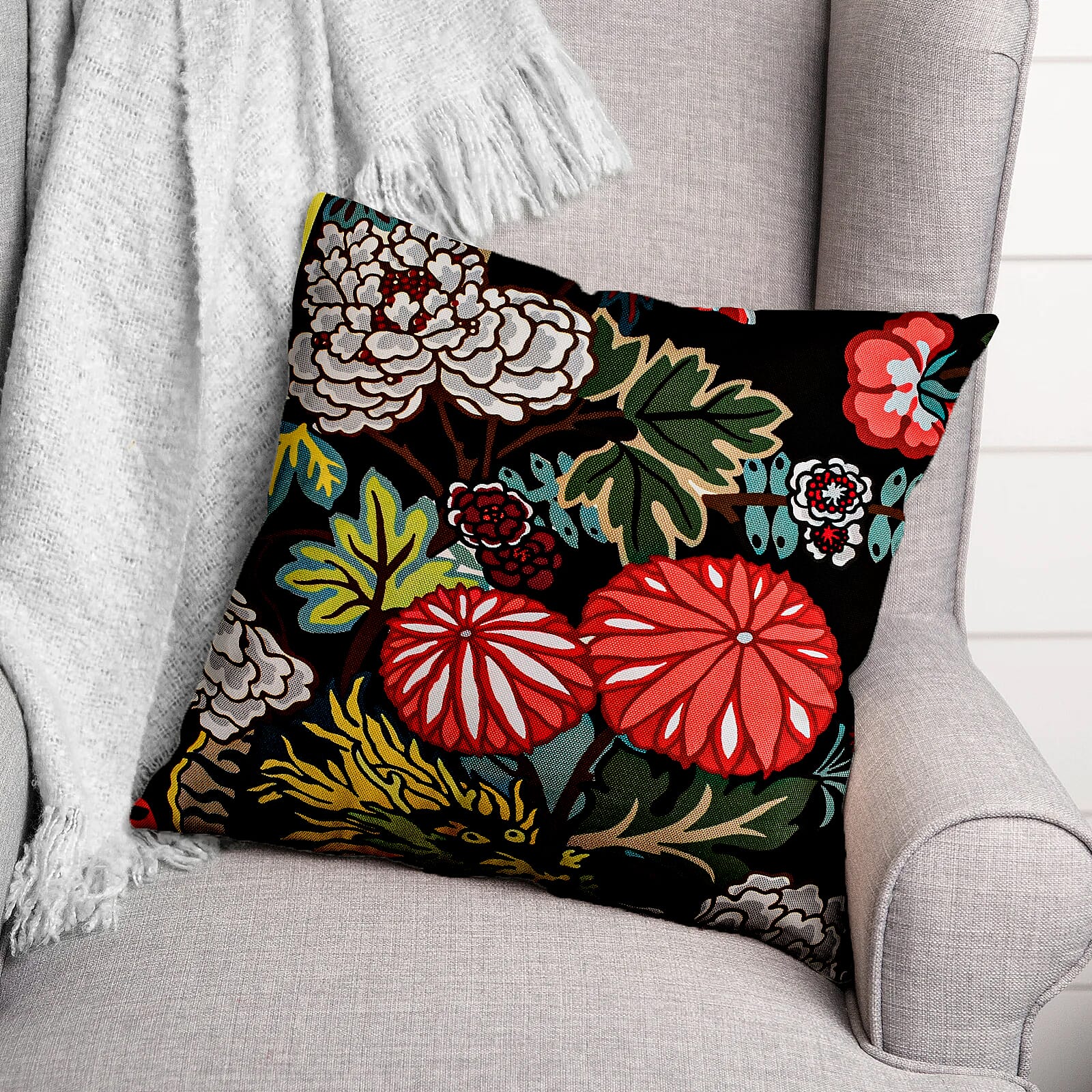 Set of 2 - Abstract Flower and Leaf Pattern Pillow Case and Cover (Size 45 cm) - Black