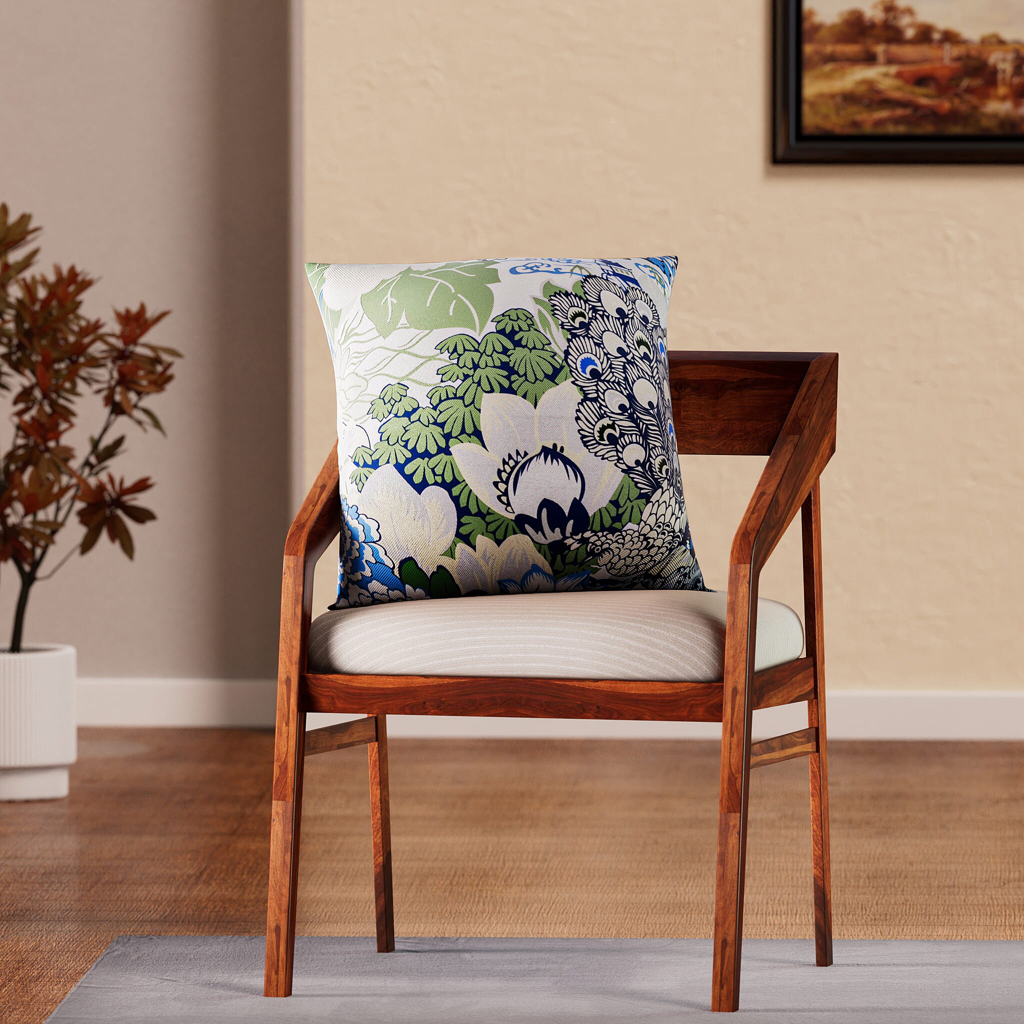 Set of 2 - Peacock - Leaf Pattern Pillow Case and Cover (Size 45x45 cm) - Blue - White