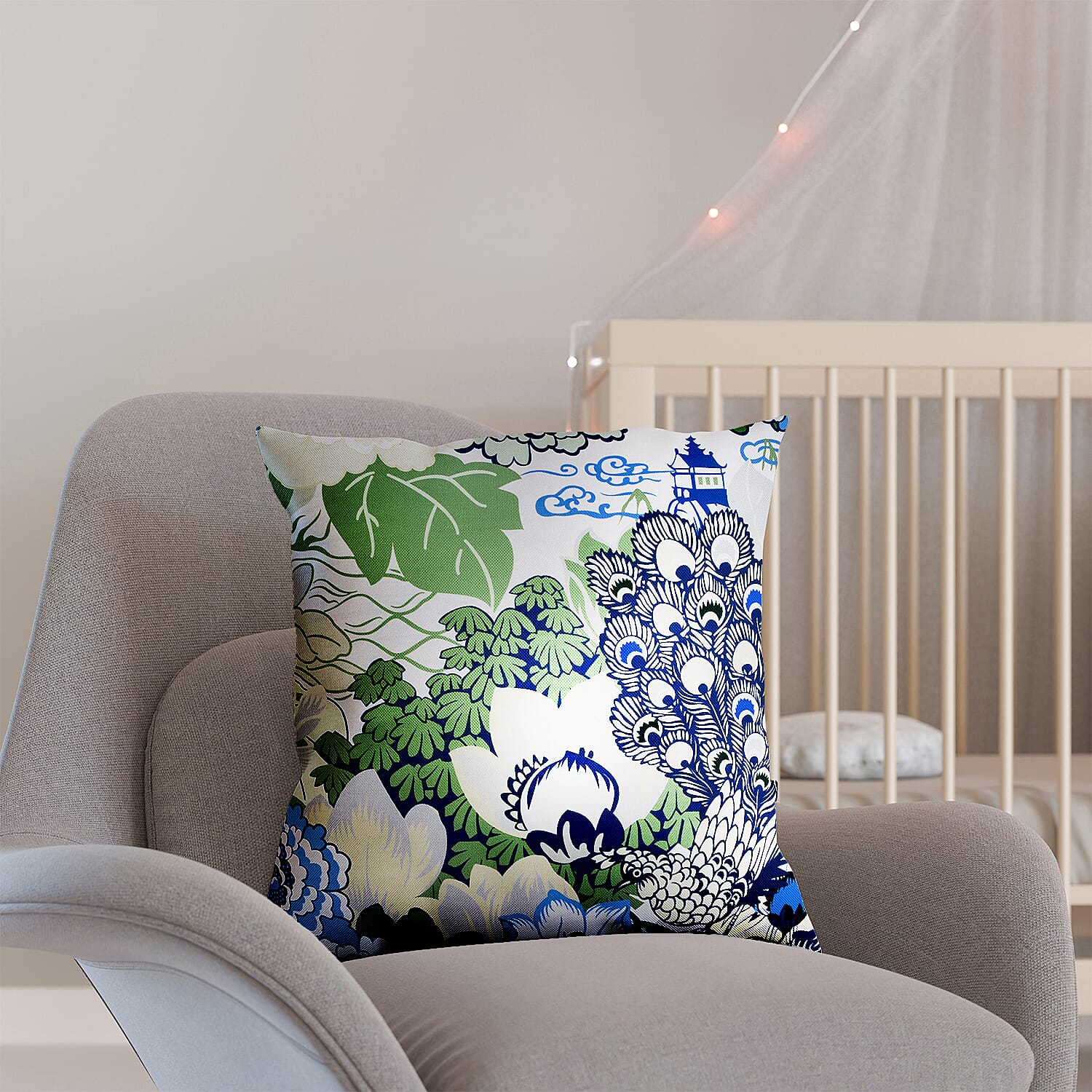 Set of 2 - Peacock - Leaf Pattern Pillow Case and Cover (Size 45x45 cm) - Blue - White