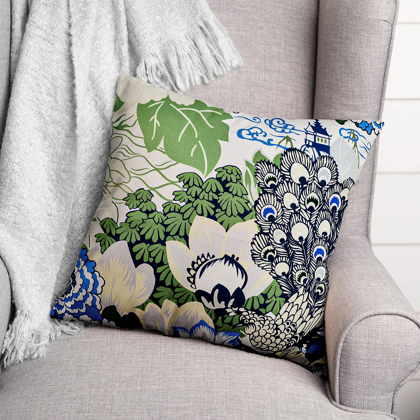 Set of 2 - Peacock - Leaf Pattern Pillow Case and Cover (Size 45x45 cm) - Blue - White