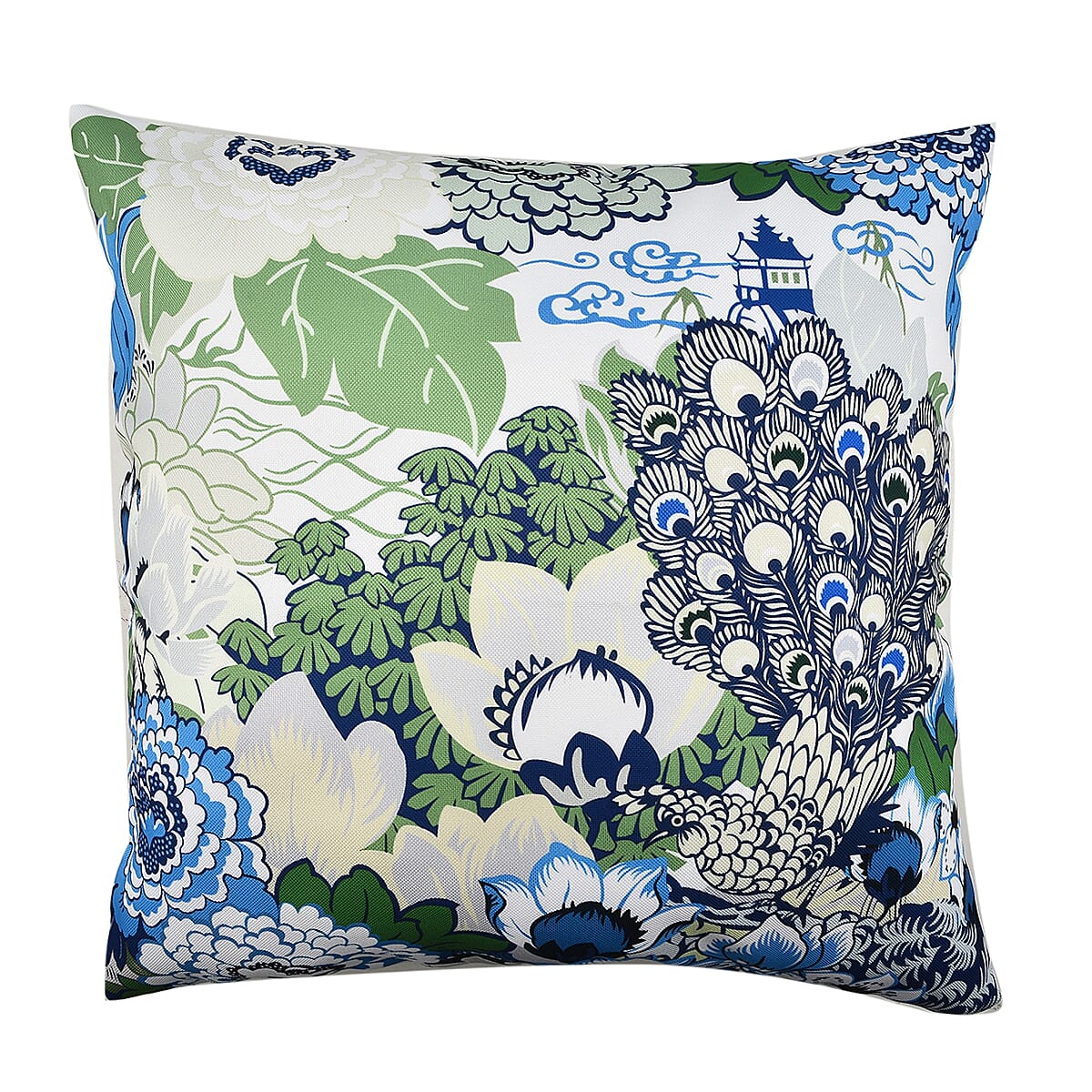 Set of 2 - Peacock - Leaf Pattern Pillow Case and Cover (Size 45x45 cm) - Blue - White