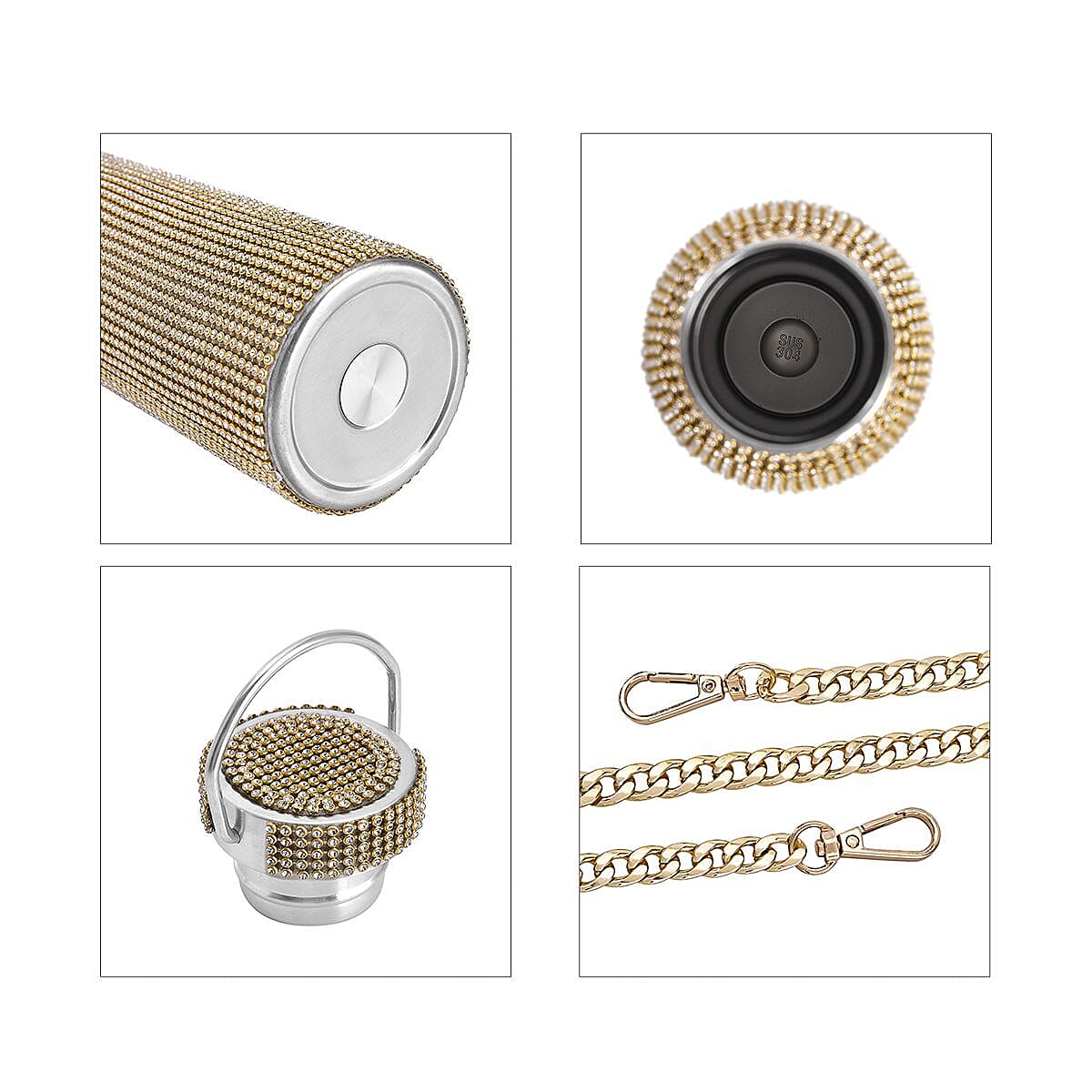 Crystal Embellished Stainless Steel Thermos Bottle with Detachable Long Chain 750ml - Gold