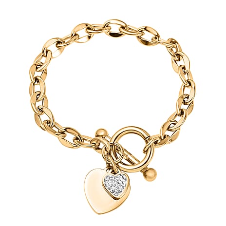 White Austrian Crystal Heart Charm Stainless Steel Curb Bracelet (Size - 7) With T-Bar Clasp