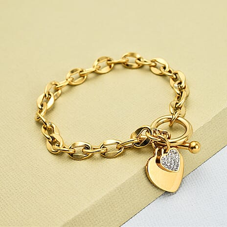 White Austrian Crystal Heart Charm Stainless Steel Curb Bracelet (Size - 7) With T-Bar Clasp