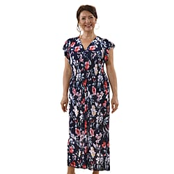 Tamsy Floral Pattern Smocked Waist Maxi with Flutter Sleeves - Navy & Red