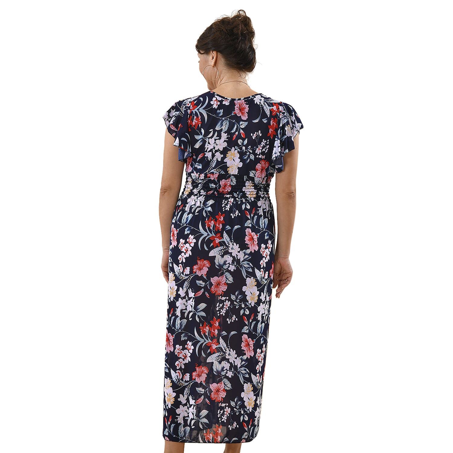 Tamsy Floral Pattern Smocked Waist Maxi with Flutter Sleeves - Navy & Red