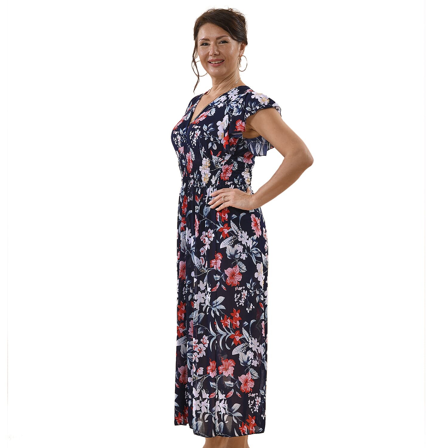 Tamsy Floral Pattern Smocked Waist Maxi with Flutter Sleeves - Navy & Red