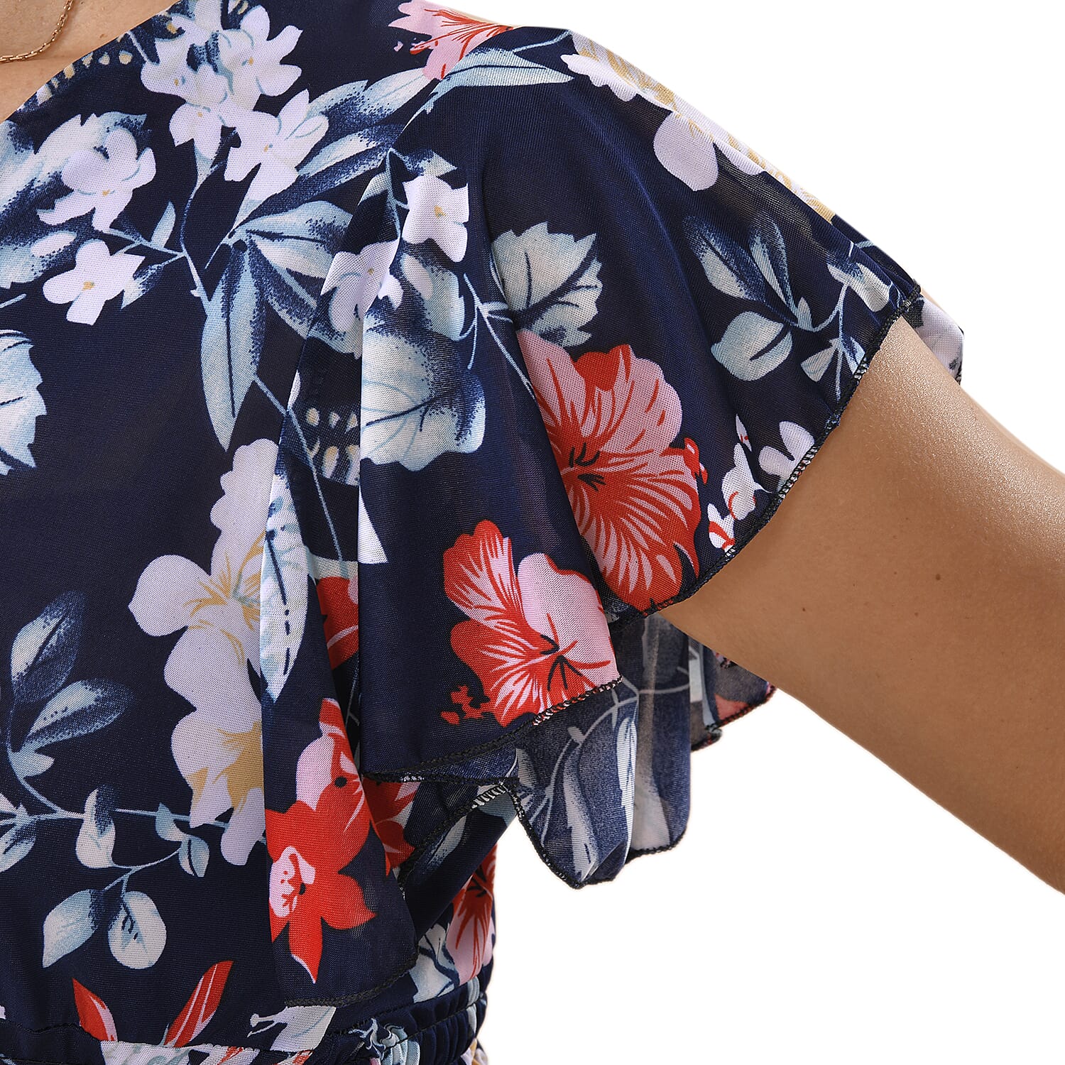 Tamsy Floral Pattern Smocked Waist Maxi with Flutter Sleeves - Navy & Red