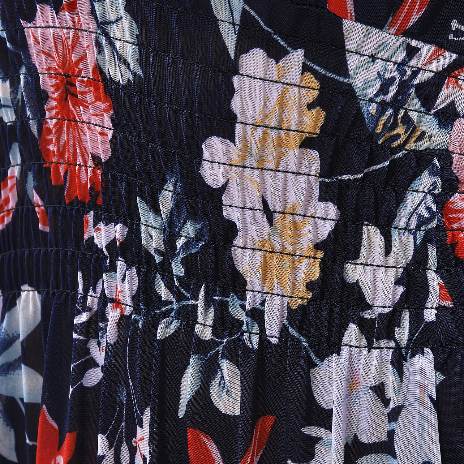 Tamsy Floral Pattern Smocked Waist Maxi with Flutter Sleeves - Navy & Red