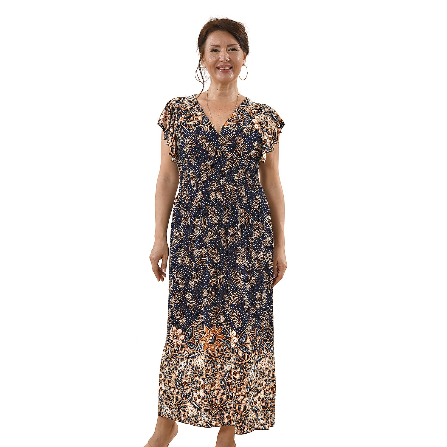 Tamsy Floral Pattern Stretch Waistband Maxi Dress (Size 8-20) - Navy