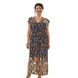 Tamsy Floral Pattern Smocked Waist Maxi with Flutter Sleeves - Navy & Red