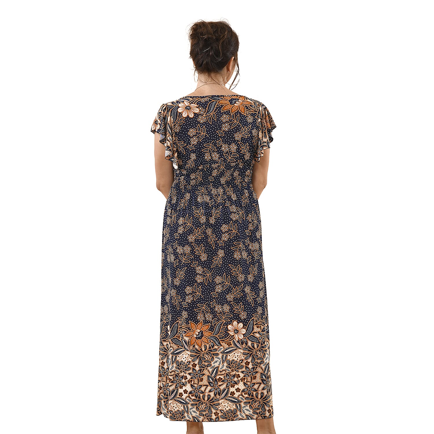 Tamsy Floral Pattern Stretch Waistband Maxi Dress (Size 8-20) - Navy