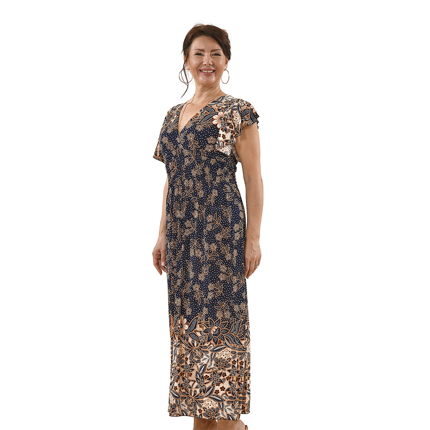 Tamsy Floral Pattern Stretch Waistband Maxi Dress (Size 8-20) - Navy