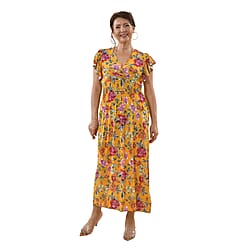 Tamsy Floral Pattern Smocked Waist Maxi with Flutter Sleeves - Navy & Red