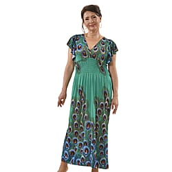 Tamsy Floral Pattern Smocked Waist Maxi with Flutter Sleeves - Navy & Red