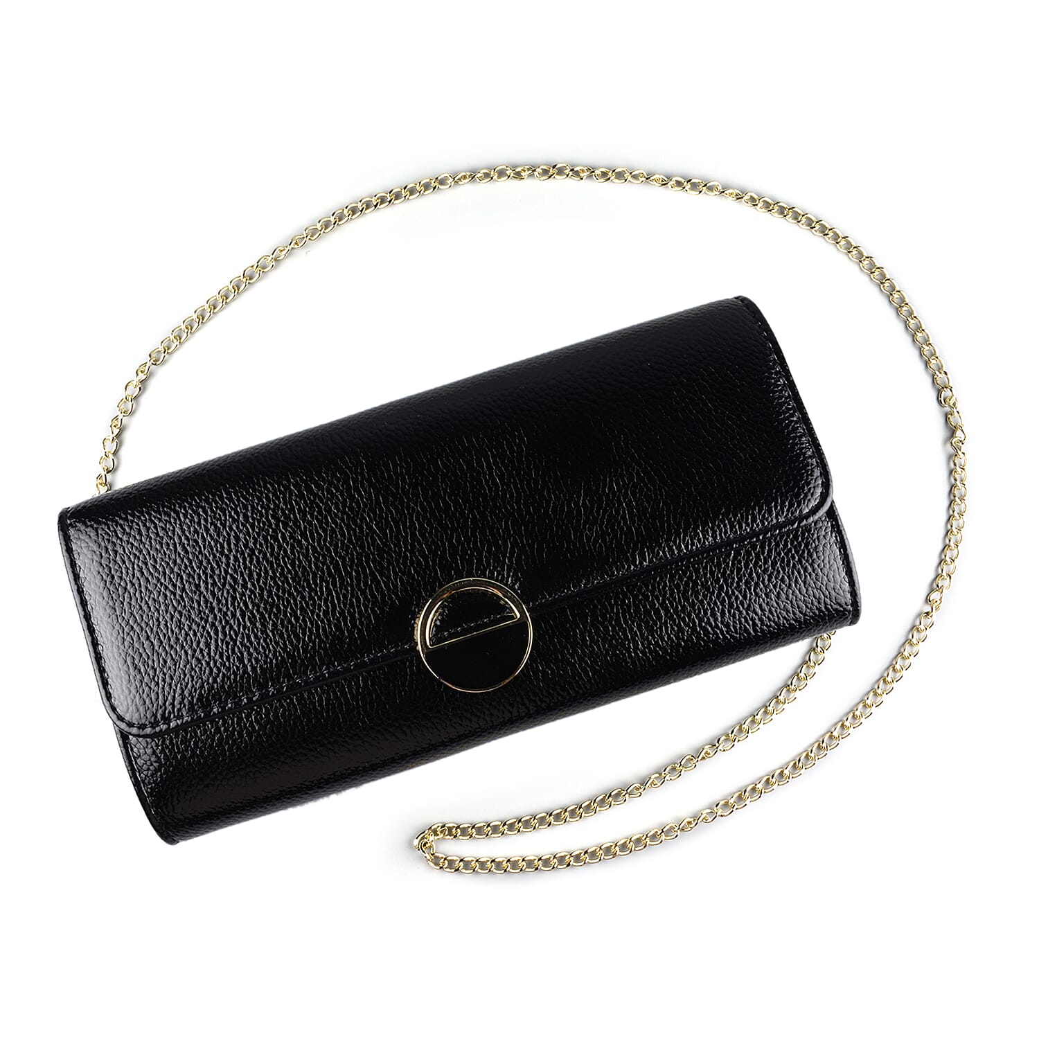 Close Out Deal  Metallic Envelope Clutch Bag with Shoulder Strap Chain  Black