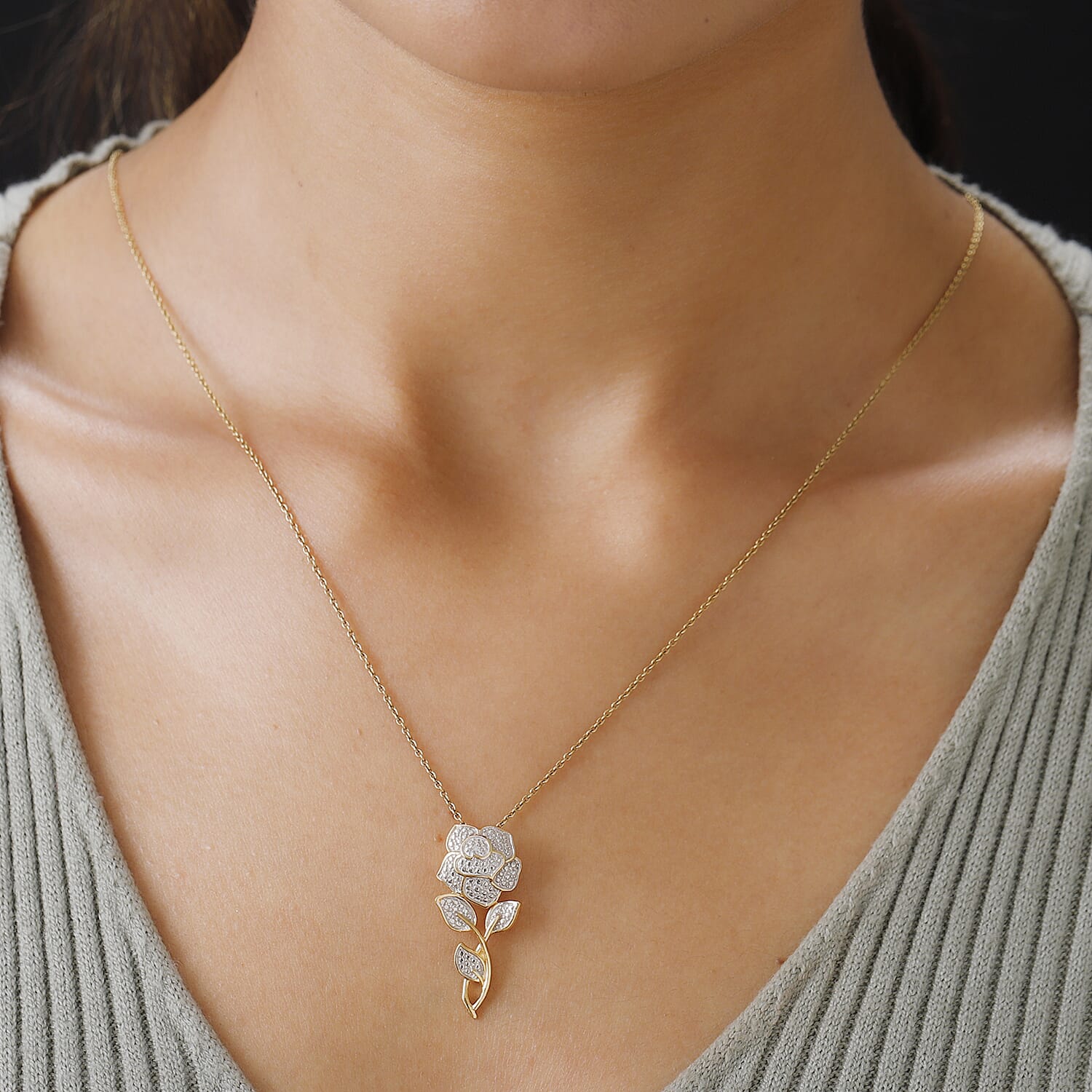 Diamond Rose Pendant in Gold Overlay Sterling Silver