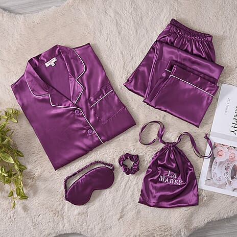 La Marey 5 Piece Satin Lounge Set (Eye Mask - Hair Scrunch - Embroidery Bag - Long Sleeves Shirt and Trouser) (Size M-L 10-16) - Purple
