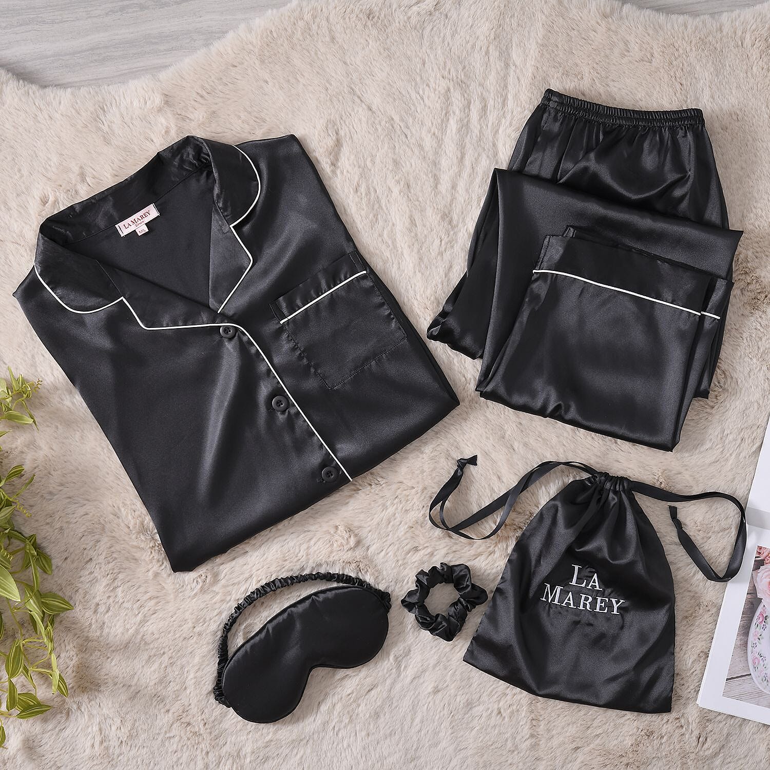 La Marey 5 piece Satin Sleepwear Set (Long Sleeve Shirt and Trouser Set, Eye Mask, Hair Scrunchie & Drawstring Bag) (Size 18-24) - Black