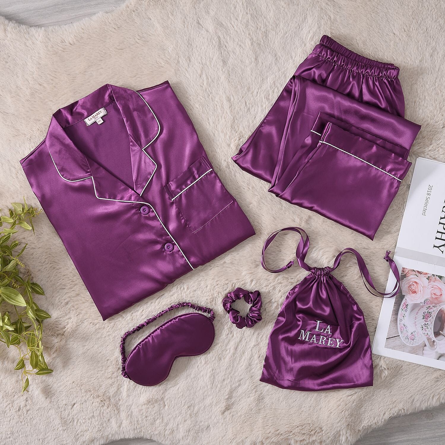 La Marey 5 Piece Satin Lounge Set (Eye Mask - Hair Scrunch - Embroidery Bag - Long Sleeves Shirt and Trouser) (Size XL-XXL 18-24) - Purple