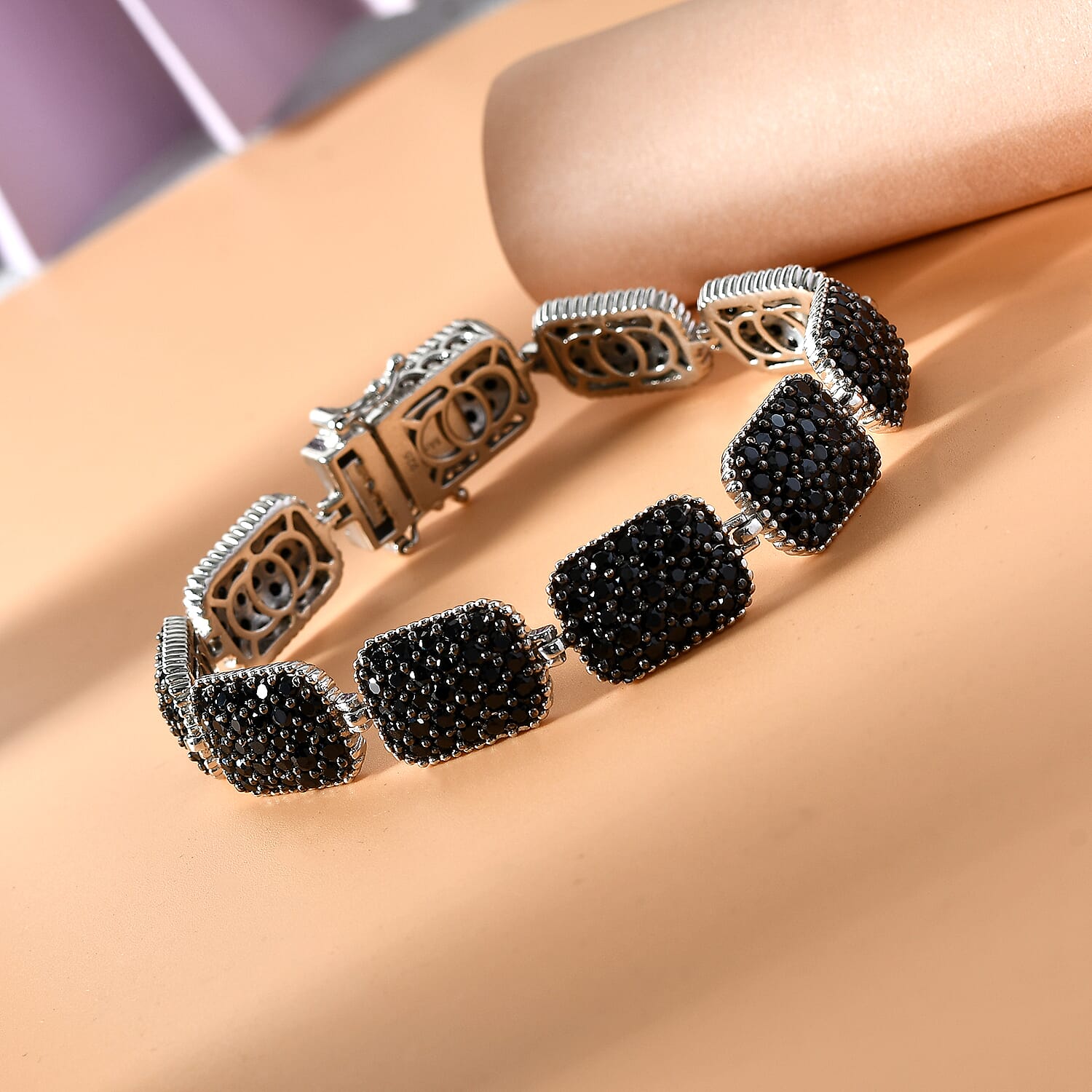 Black Spinel Bracelet (Size - 7) in Platinum Overlay Sterling Silver 12.30 Ct, Silver Wt. 20.76 Gms
